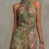 Serena ∙ Grünes, langes Chiffonkleid mit Blumenmuster und Neckholder-Ausschnitt