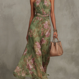 Serena ∙ Grünes, langes Chiffonkleid mit Blumenmuster und Neckholder-Ausschnitt