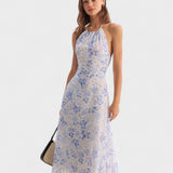 Clarice | Midi Plava Cvjetna Haljina s Halter Dekolteom