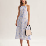 Clarice | Midi Plava Cvjetna Haljina s Halter Dekolteom